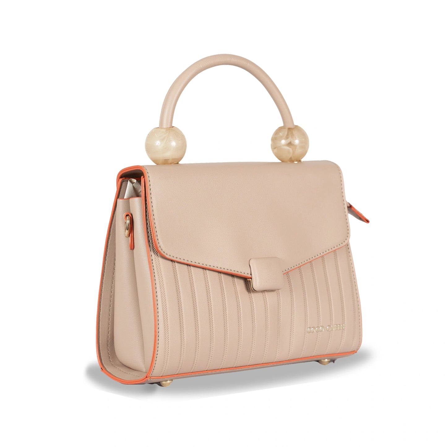 Coco-Queen Dual-Style Faux Leather Bag β Handbag & Sling with Beaded Handle & Line Texture