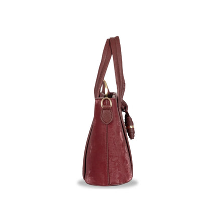 Dual-Use Faux Velvet & Leather Sling-Handbag – Gold Hardware & Tassel Detail