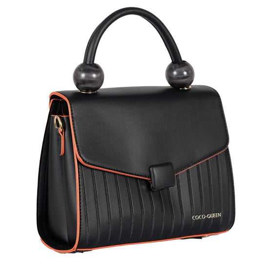 Design 2 Faux Leather Hand & Sling Bag with Beaded Handle & Line Pattern