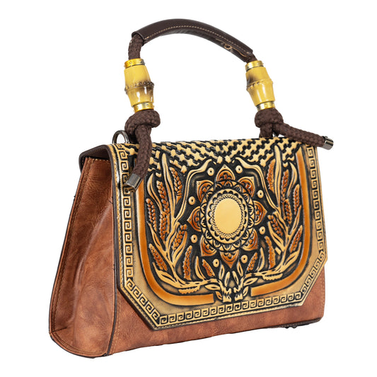 Design 1 Mandala Faux Leather Hand & Sling Bag with Beaded Rope Handle