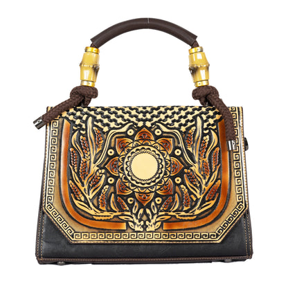 Design 1 Mandala Faux Leather Hand & Sling Bag with Beaded Rope Handle