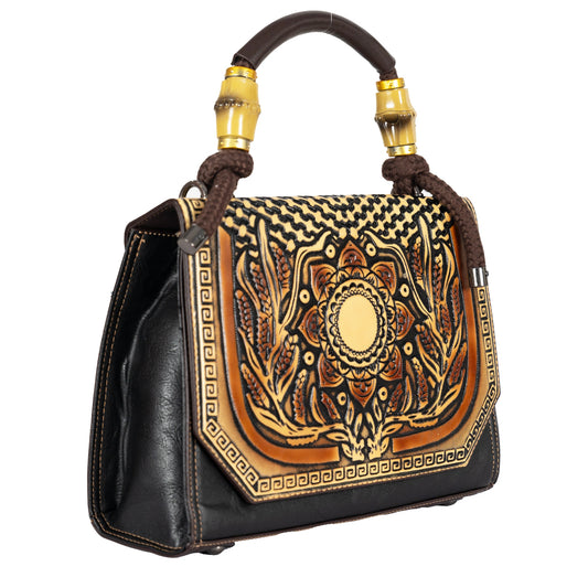 Design 1 Mandala Faux Leather Hand & Sling Bag with Beaded Rope Handle
