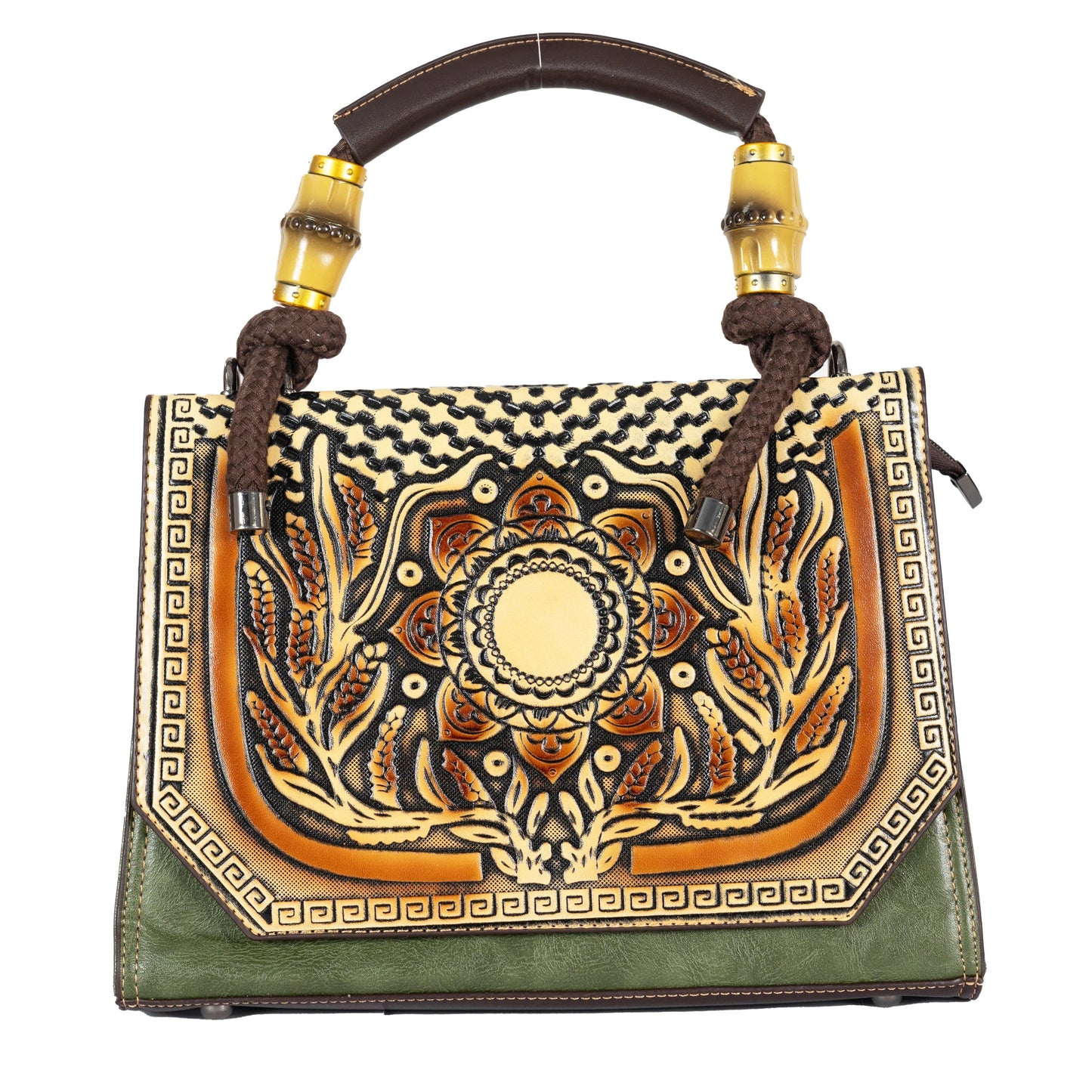 Design 1 Mandala Faux Leather Hand & Sling Bag with Beaded Rope Handle