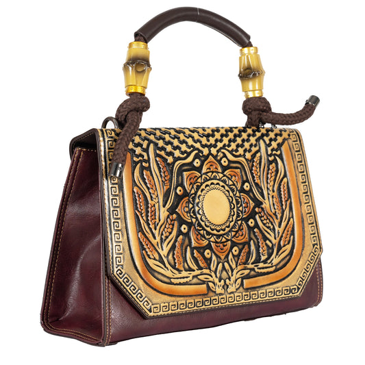Design 1 Mandala Faux Leather Hand & Sling Bag with Beaded Rope Handle