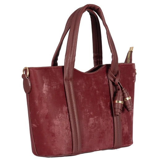 Design 4 Faux Velvet & Leather Dual-Use Bag with Tassel & Gold Accents