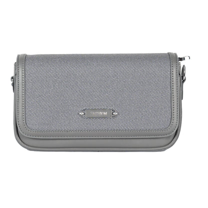 Design 15 Sleek Faux Leather Sling Bag with Textured Fabric & Silver Accents
