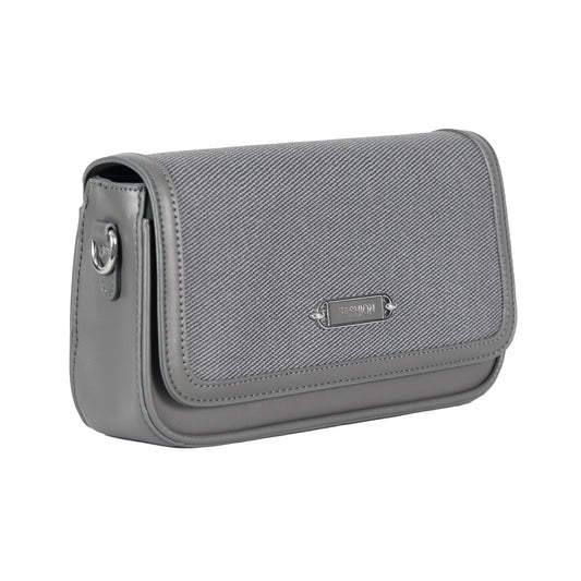 Design 15 Sleek Faux Leather Sling Bag with Textured Fabric & Silver Accents