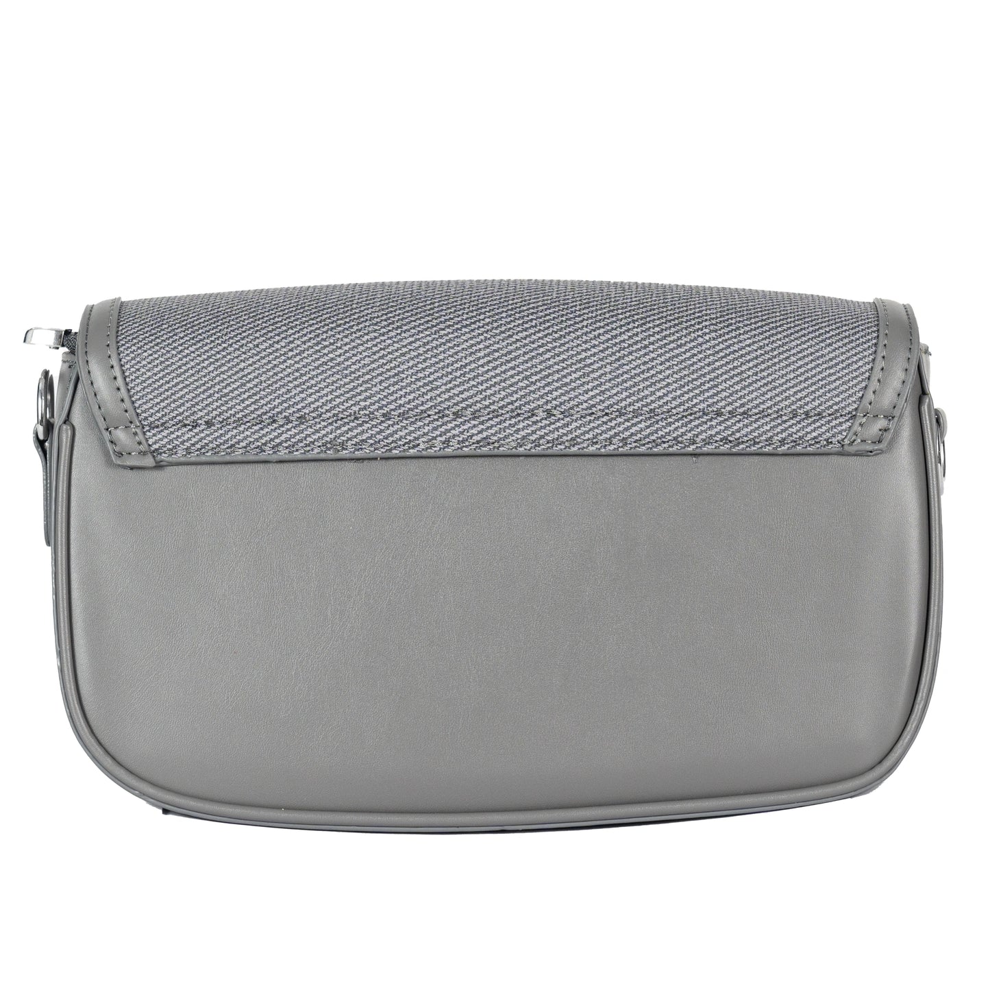 Design 15 Sleek Faux Leather Sling Bag with Textured Fabric & Silver Accents