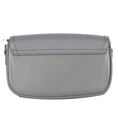 Design 15 Sleek Faux Leather Sling Bag with Textured Fabric & Silver Accents