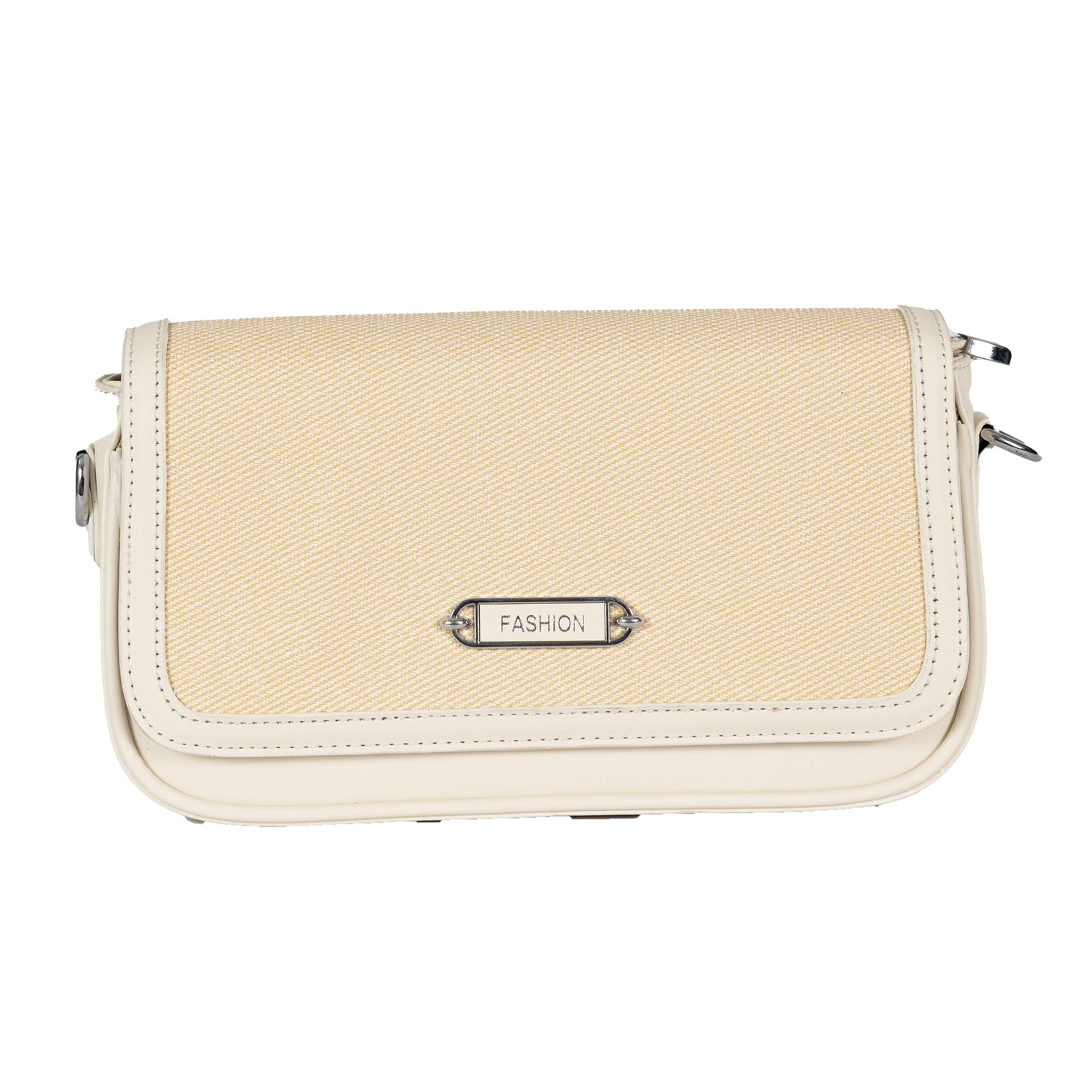 Design 15 Sleek Faux Leather Sling Bag with Textured Fabric & Silver Accents