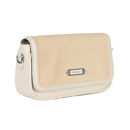 Design 15 Sleek Faux Leather Sling Bag with Textured Fabric & Silver Accents