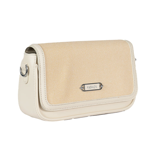 Design 15 Sleek Faux Leather Sling Bag with Textured Fabric & Silver Accents