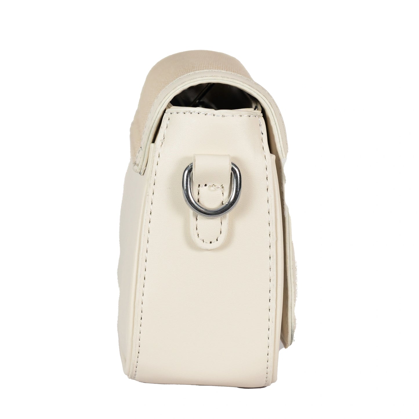 Design 15 Sleek Faux Leather Sling Bag with Textured Fabric & Silver Accents