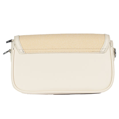 Design 15 Sleek Faux Leather Sling Bag with Textured Fabric & Silver Accents