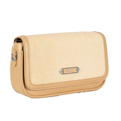 Design 15 Sleek Faux Leather Sling Bag with Textured Fabric & Silver Accents