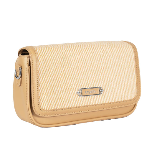 Design 15 Sleek Faux Leather Sling Bag with Textured Fabric & Silver Accents