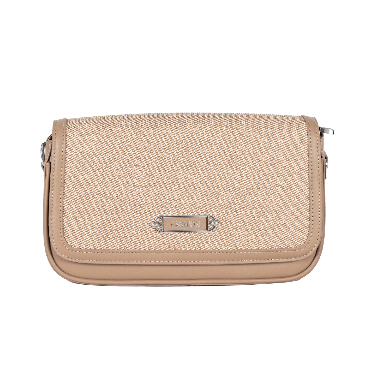 Design 15 Sleek Faux Leather Sling Bag with Textured Fabric & Silver Accents