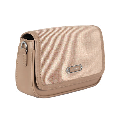 Design 15 Sleek Faux Leather Sling Bag with Textured Fabric & Silver Accents