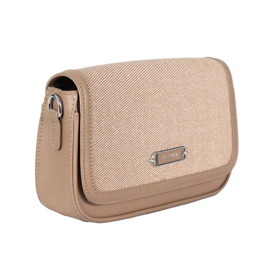 Design 15 Sleek Faux Leather Sling Bag with Textured Fabric & Silver Accents