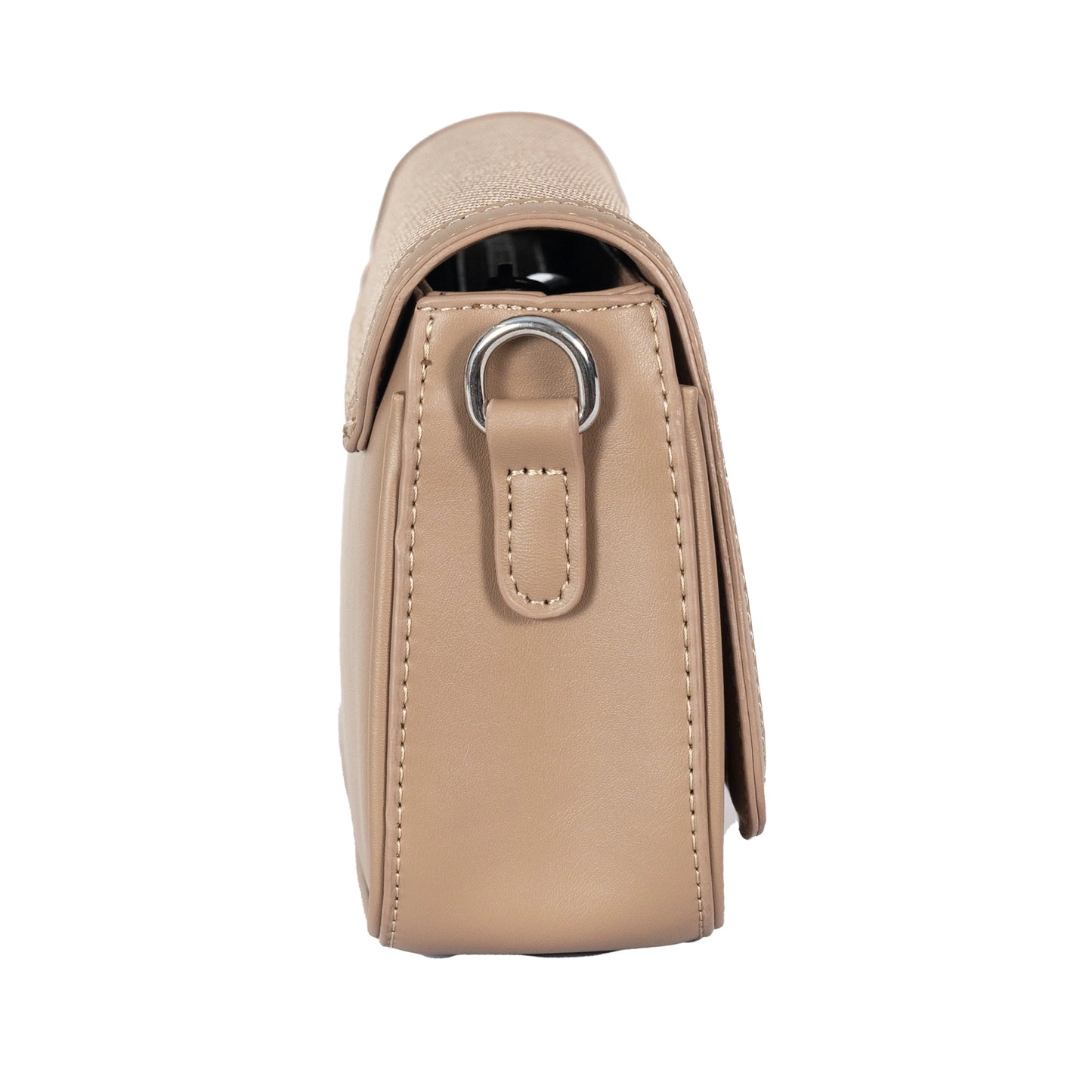 Design 15 Sleek Faux Leather Sling Bag with Textured Fabric & Silver Accents