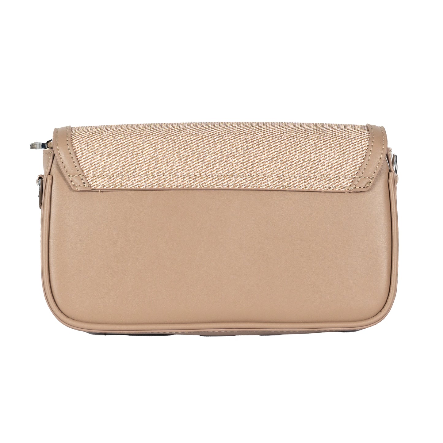 Design 15 Sleek Faux Leather Sling Bag with Textured Fabric & Silver Accents