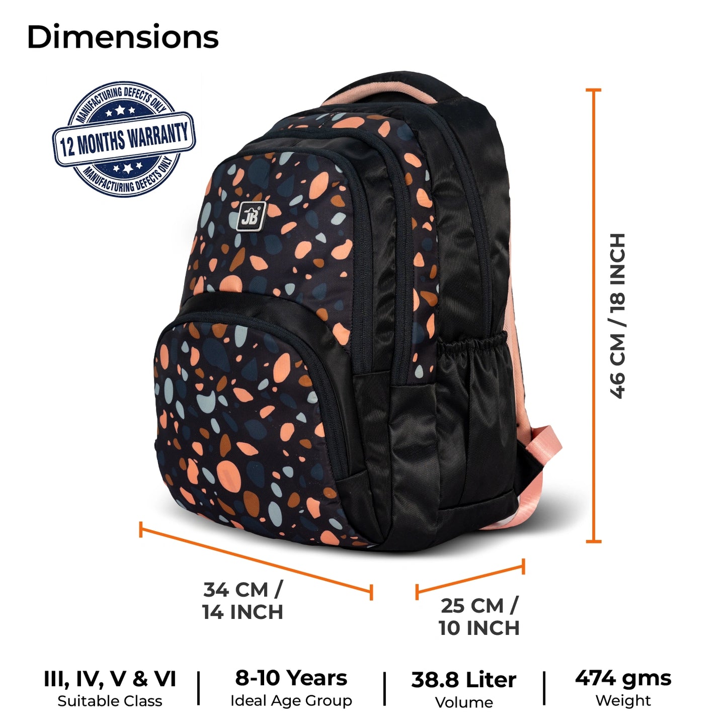 School Backpack 18"in | Age 8–11 | Grade III, IV, V,VI | 38L | Murex