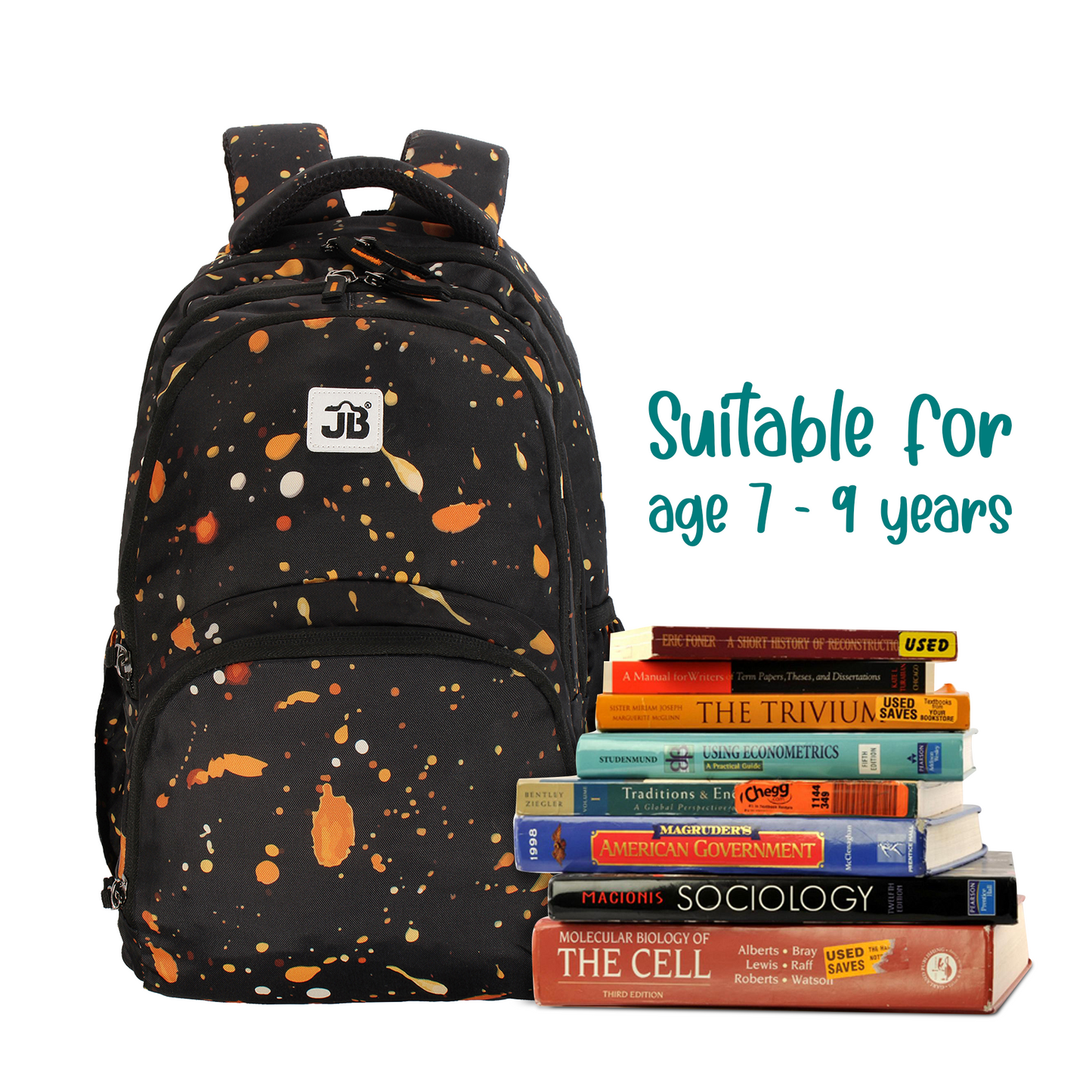 Colour Splash School Backpack for Kids 7 to 9 Years - 17 Inch (Black-Orange)