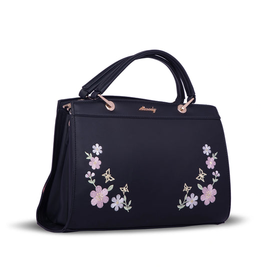 Aimeely Floral Embroidered Structured Handbag with Detachable Sling