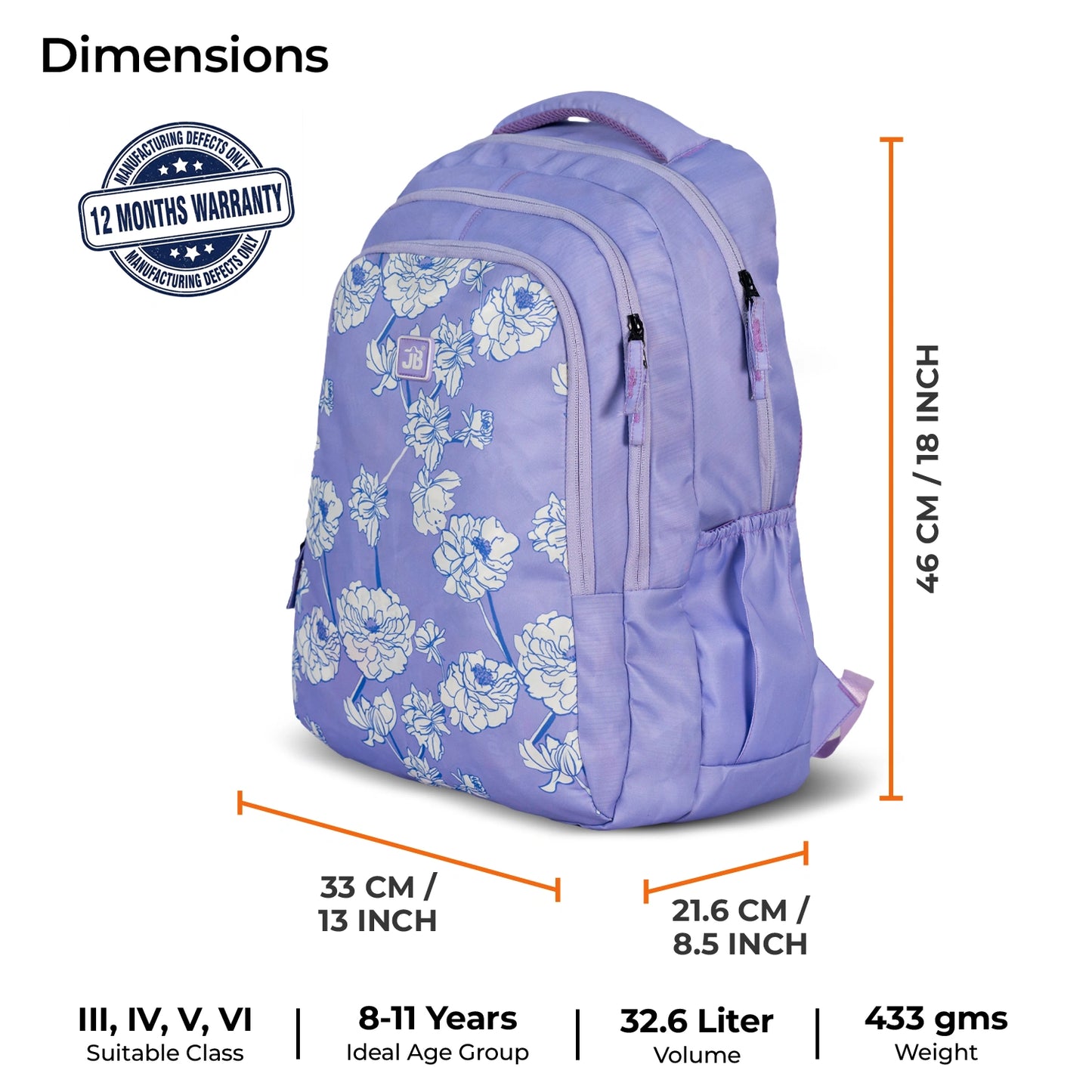 School Backpack 18"in | Age 8–11 | Grade III, IV, V, VI | 32.6L | Scribbles