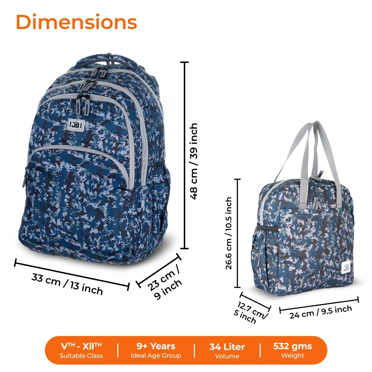 Secondary School 34L Backpack & 8L TiffinBag Combo for Kids – 18 Inches & 10.5 Inches | Age 9+