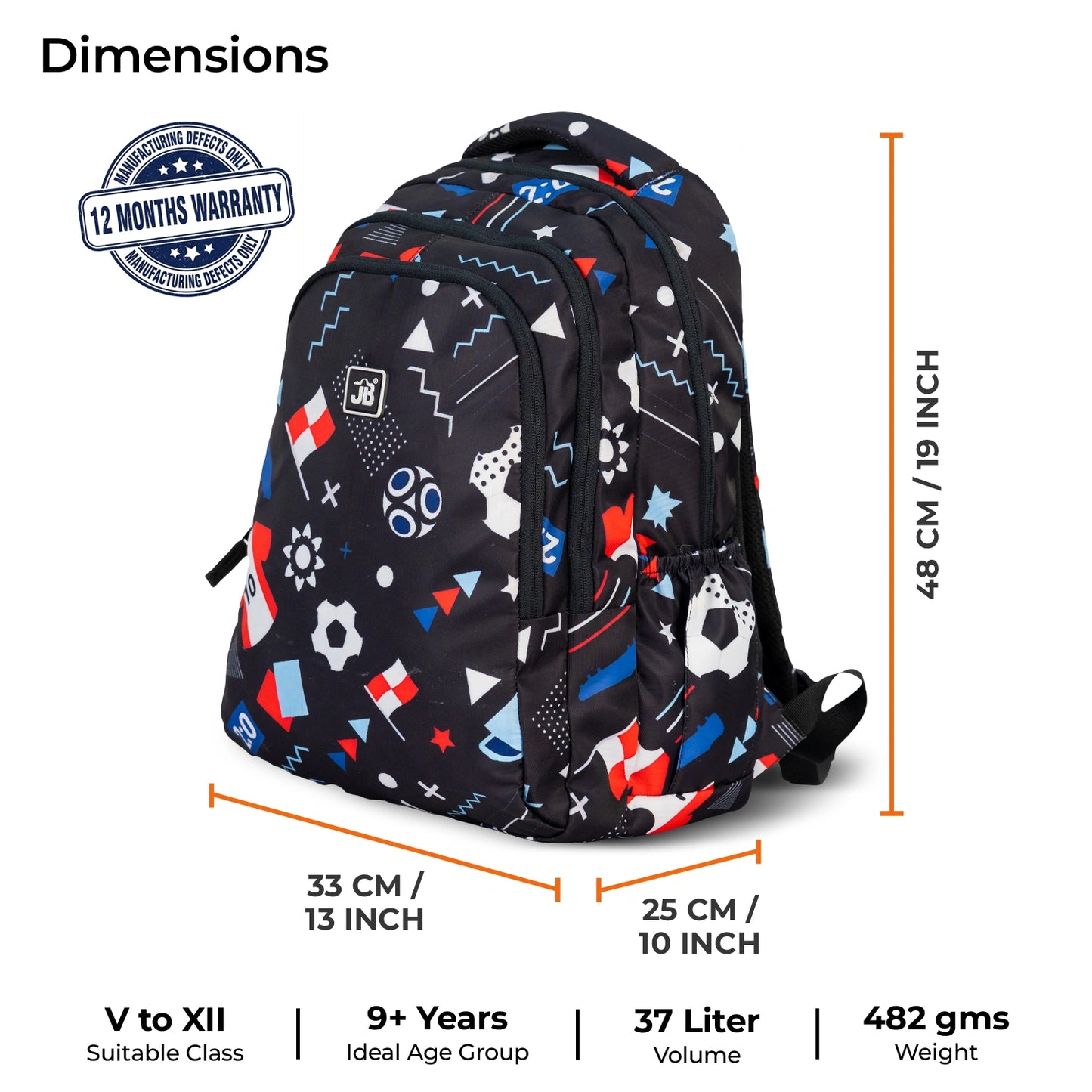 School Backpack 19"in | Age 9+ | Grade V To XII | 37L | Graffix
