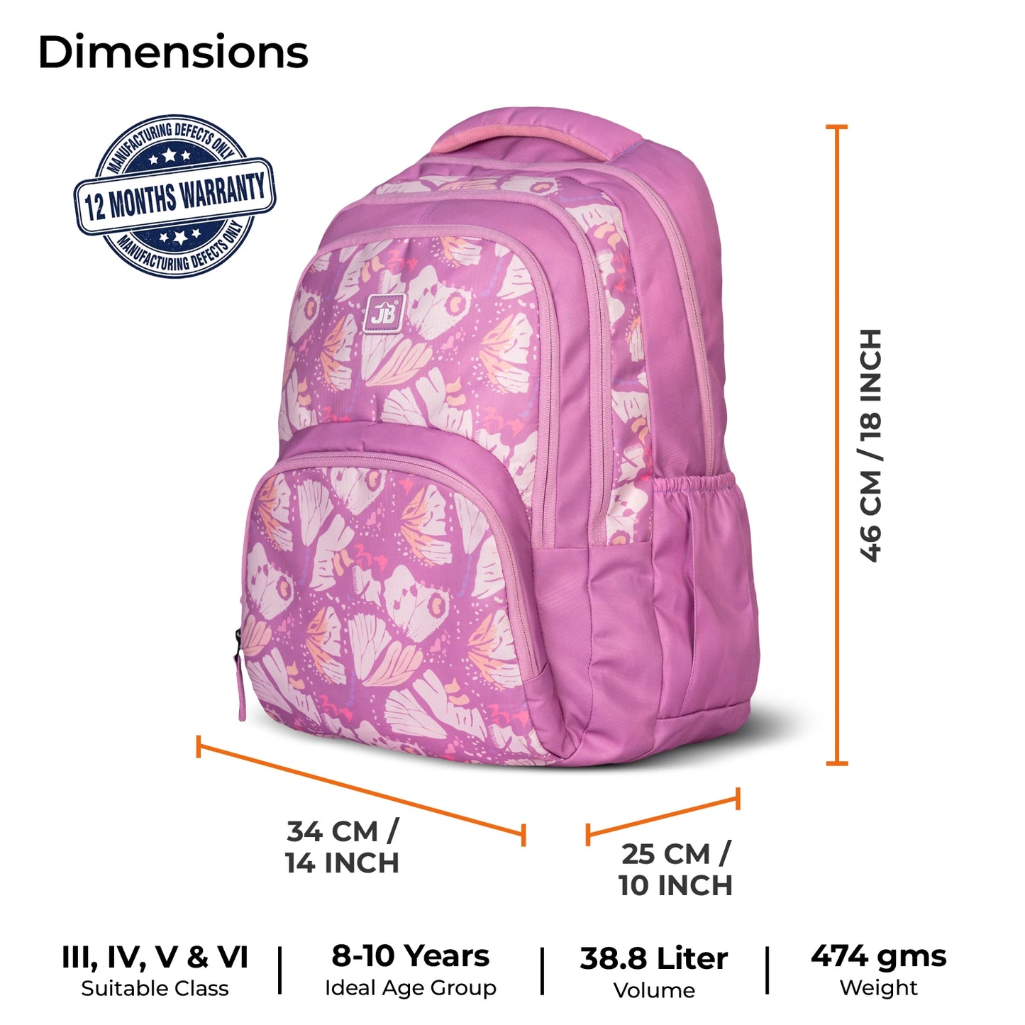 School Backpack 18"in | Age 8–11 | Grade III, IV, V,VI | 38L | Murex