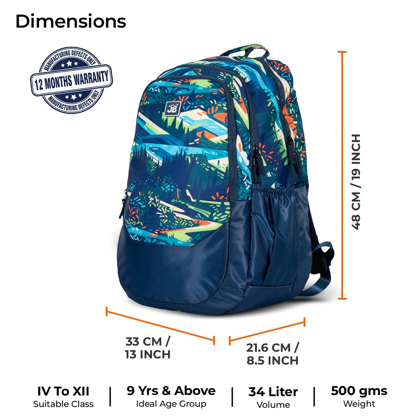 School Backpack 19"in | Age 9+ | Grade V to XII+ | 34L | Aspen