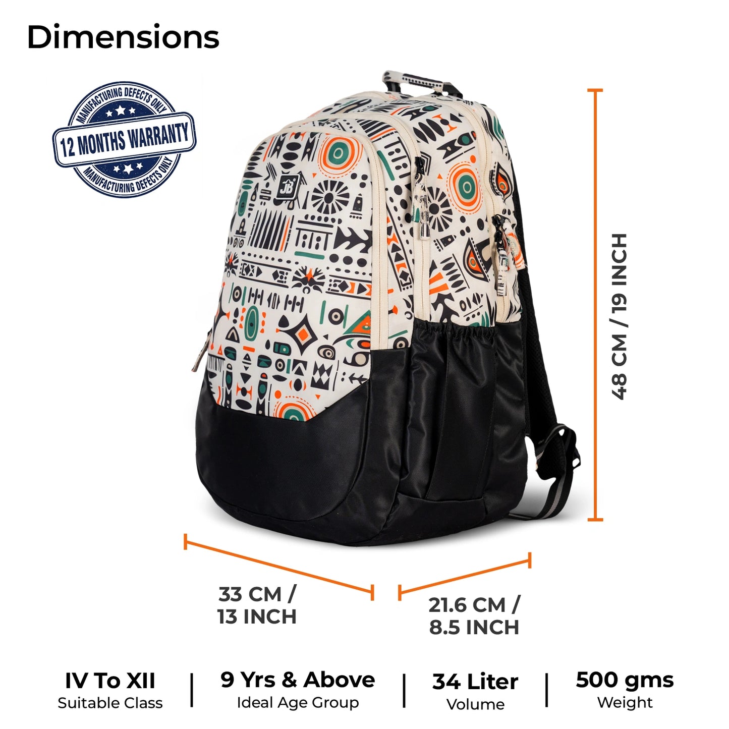 School Backpack 19"in | Age 9+ | Grade V to XII+ | 34L | Aspen