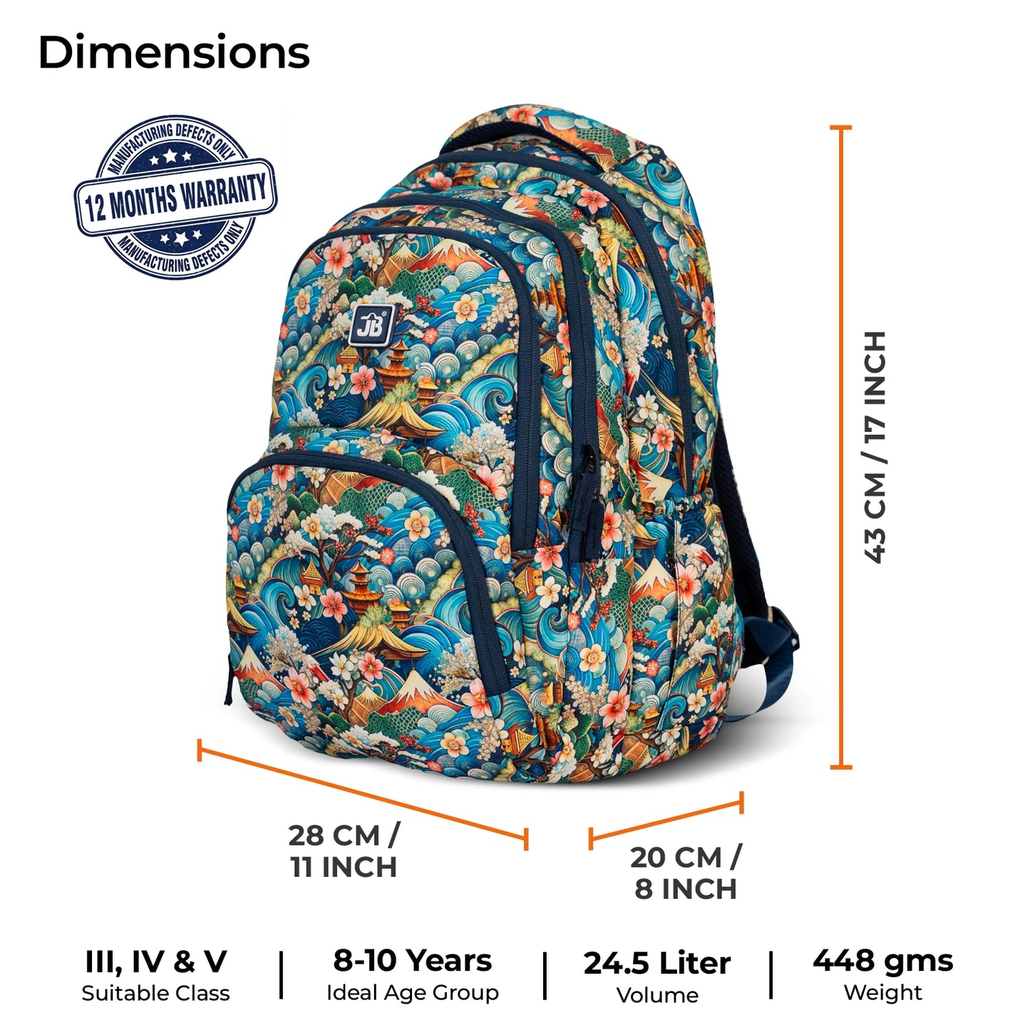 School Backpack 17"in | Age 8–10 | Grade III, IV, V | 25L | Mosaic
