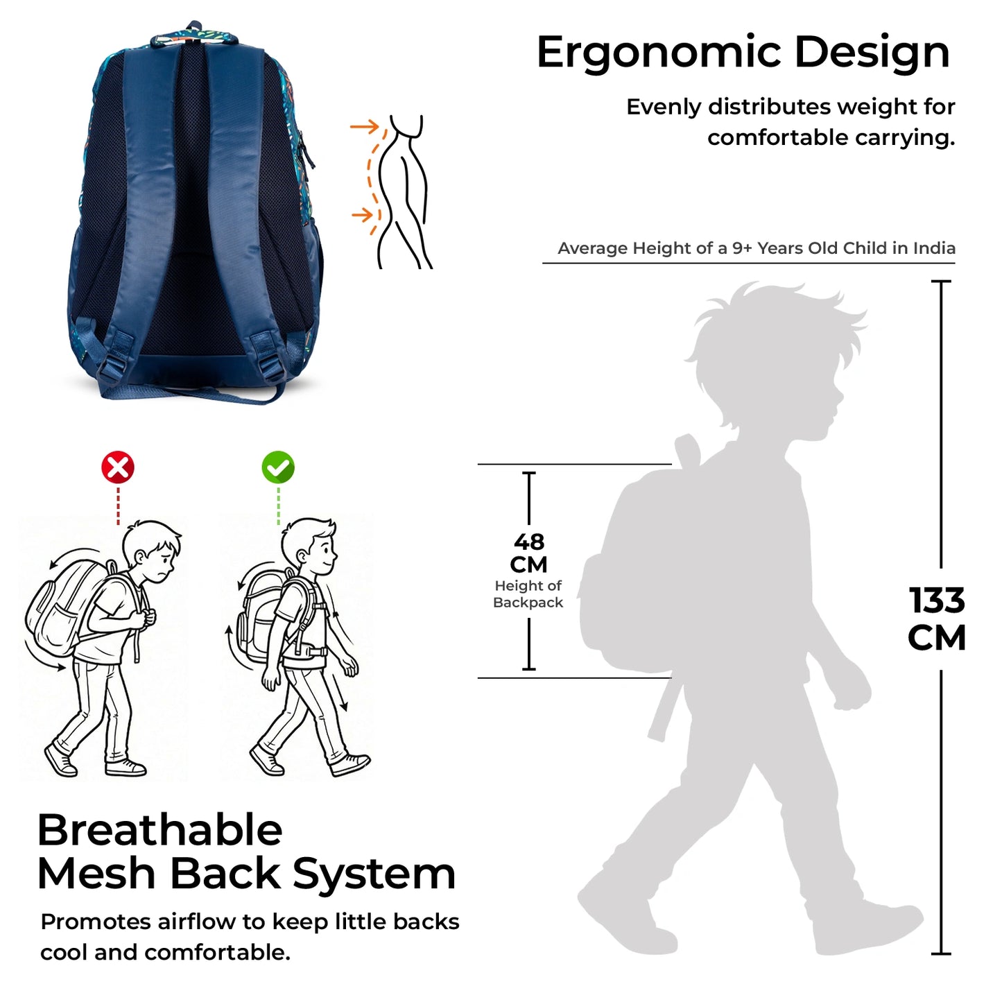 School Backpack 19"in | Age 9+ | Grade V to XII+ | 34L | Aspen