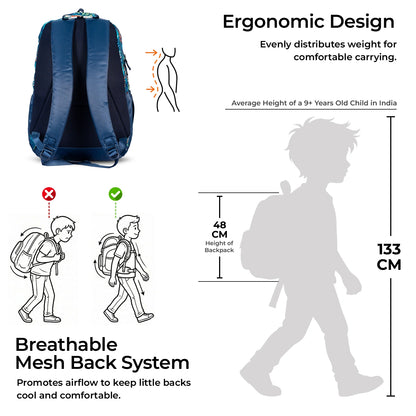 School Backpack 19"in | Age 9+ | Grade V to XII+ | 34L | Aspen