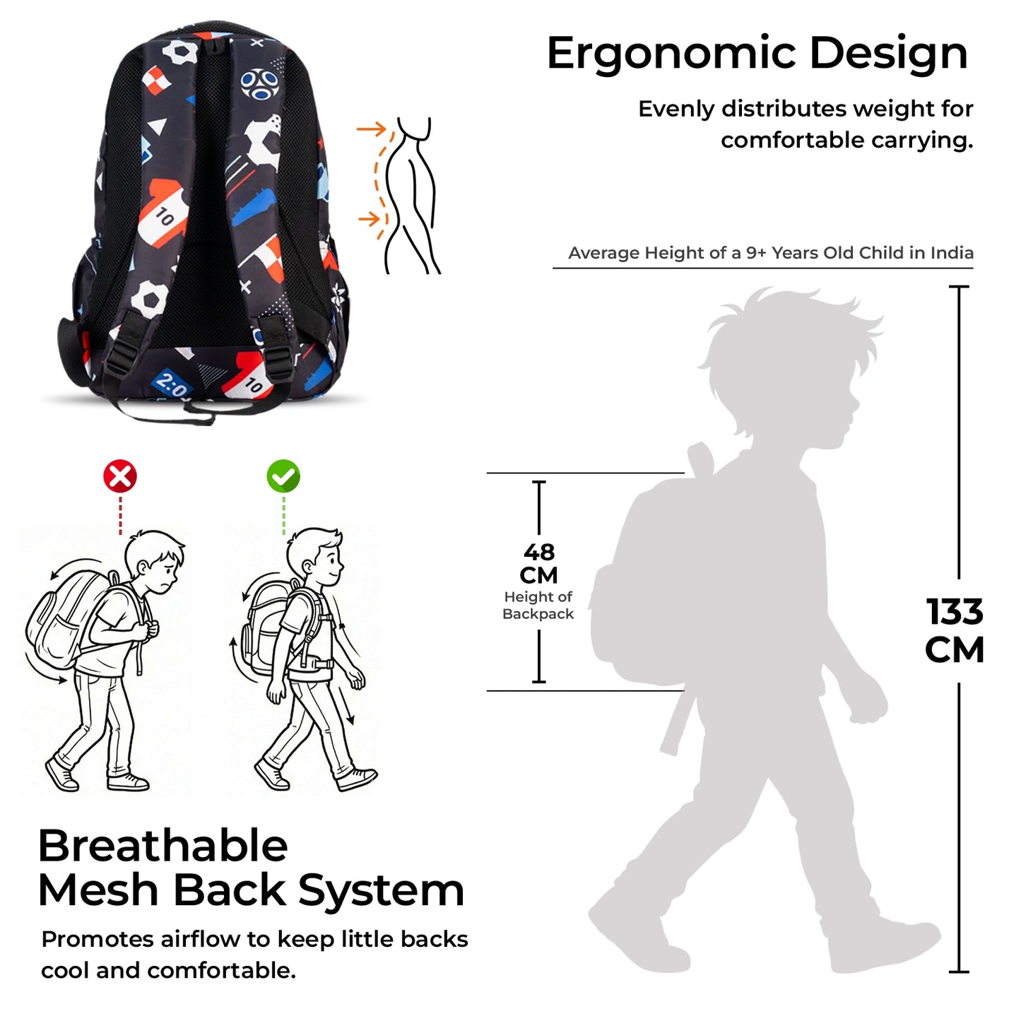 School Backpack 19"in | Age 9+ | Grade V To XII | 37L | Graffix