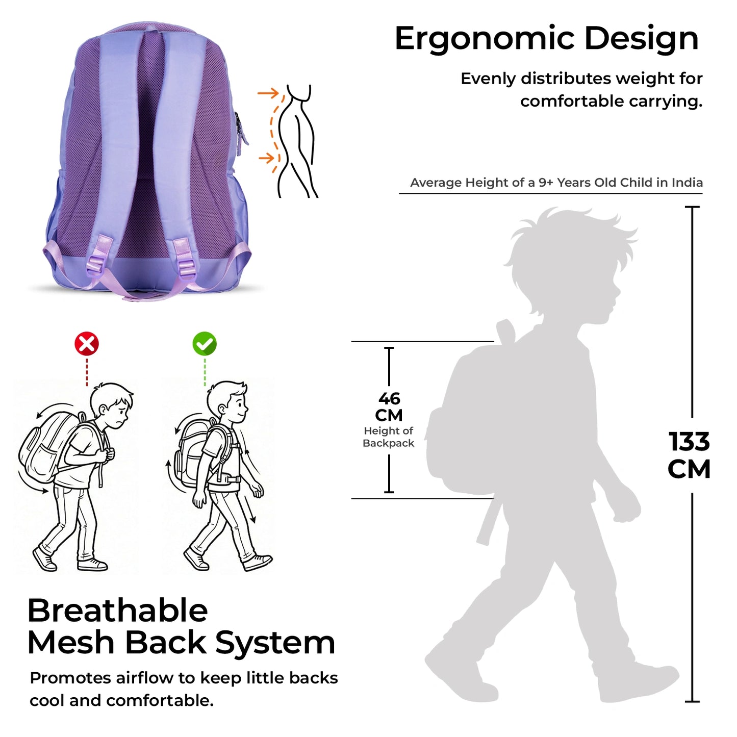 School Backpack 18"in | Age 8–11 | Grade III, IV, V, VI | 32.6L | Scribbles