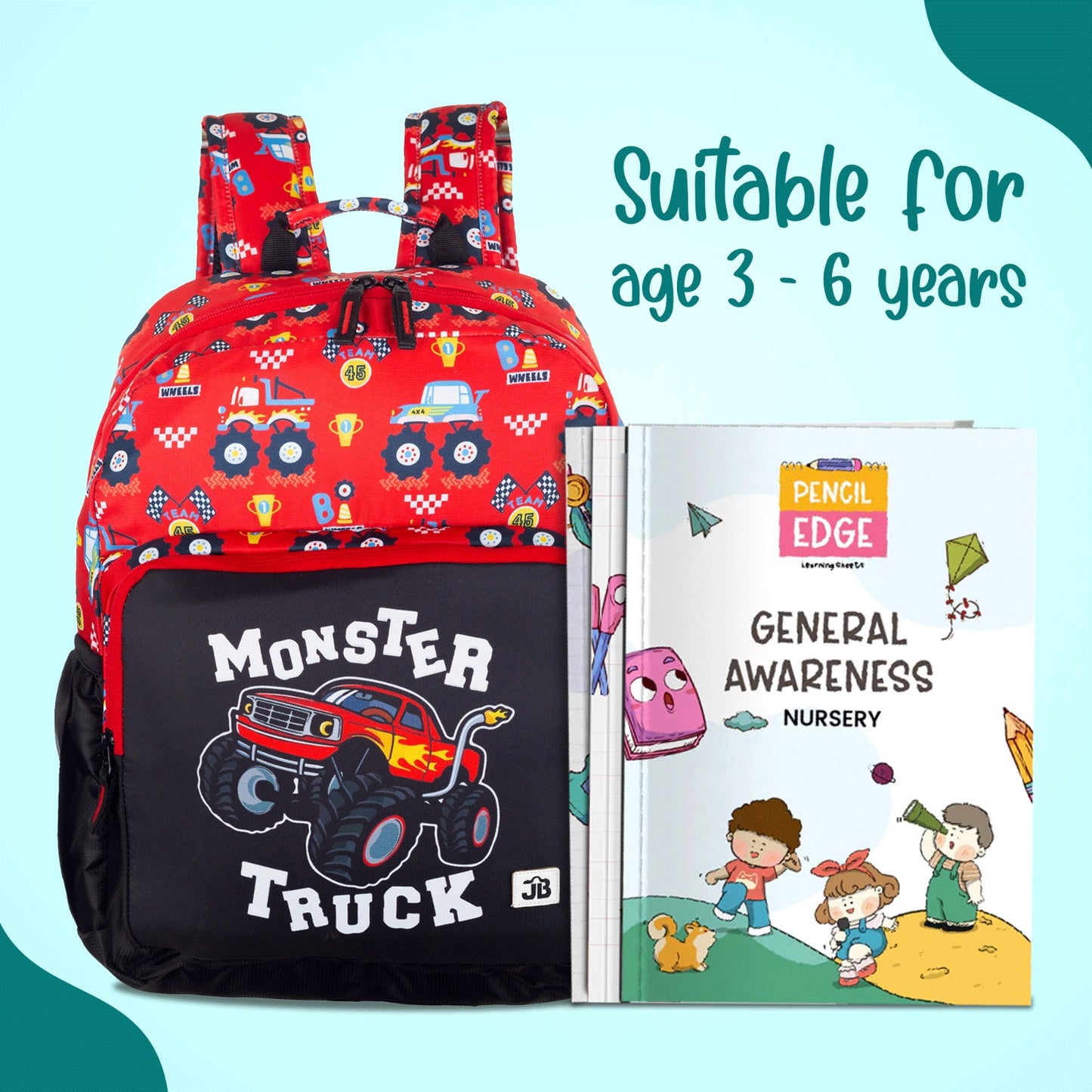 Monster Truck School Backpack  for Kindergarten Kids 2 to 4 years - Red & Black