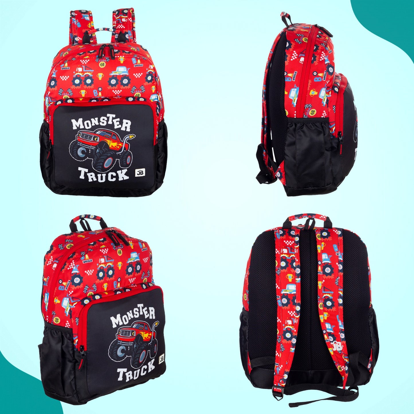 Monster Truck School Backpack  for Kindergarten Kids 2 to 4 years - Red & Black